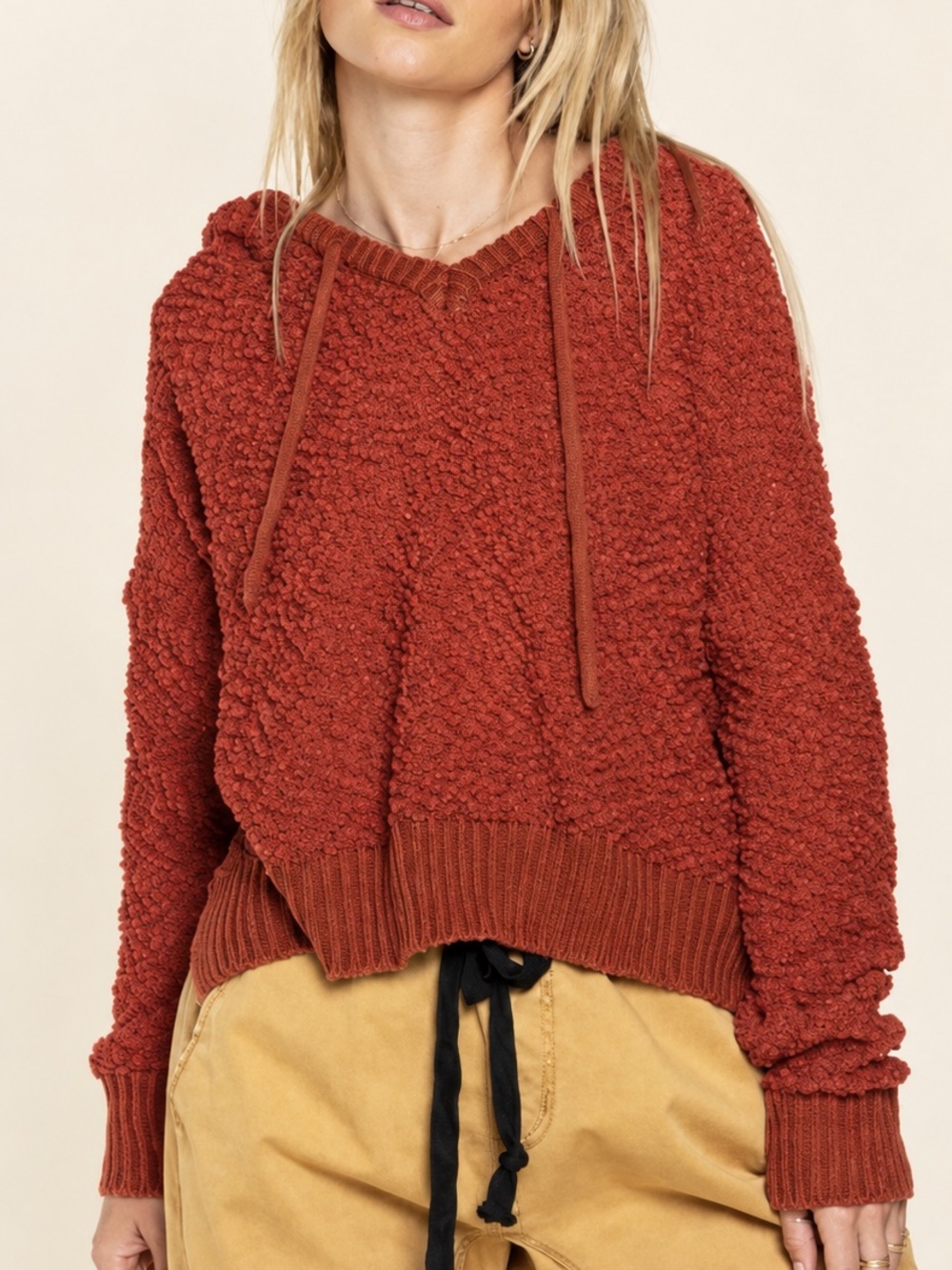 Rust Chunky Knit V-Neck Hoodie Sweater